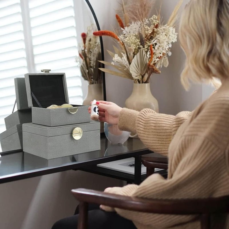 HofferRuffer Faux Leather Jewelry Boxes, Decorative Boxes Storage Accessory Organizer with Gold Hardware Decor, Classic Vegan Leather Set of 2 Pieces (Dark Grey) - Image 5